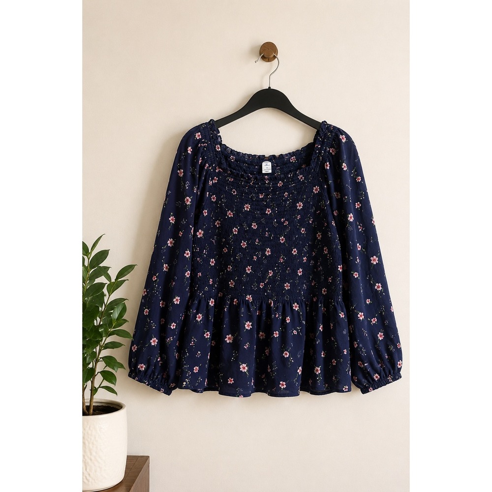 Old Navy Floral Navy Smocked Peplum Blouse Square Neck Puff Sleeve Boho Sz 3X